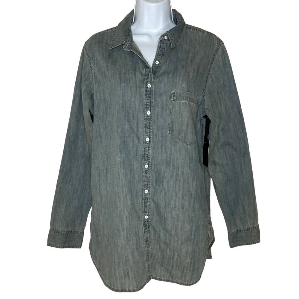 Trouve Womens Denim Button Down Shirt Cotton Western Chambray Pockets Small NWT